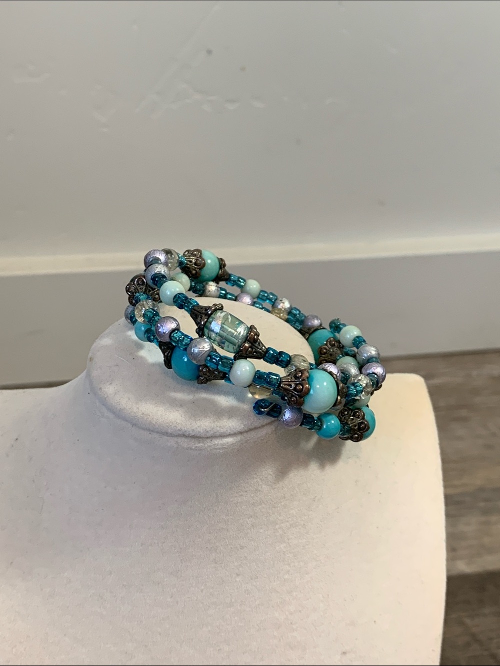 Turquoise and Aqua Beaded Spiral Bracelet